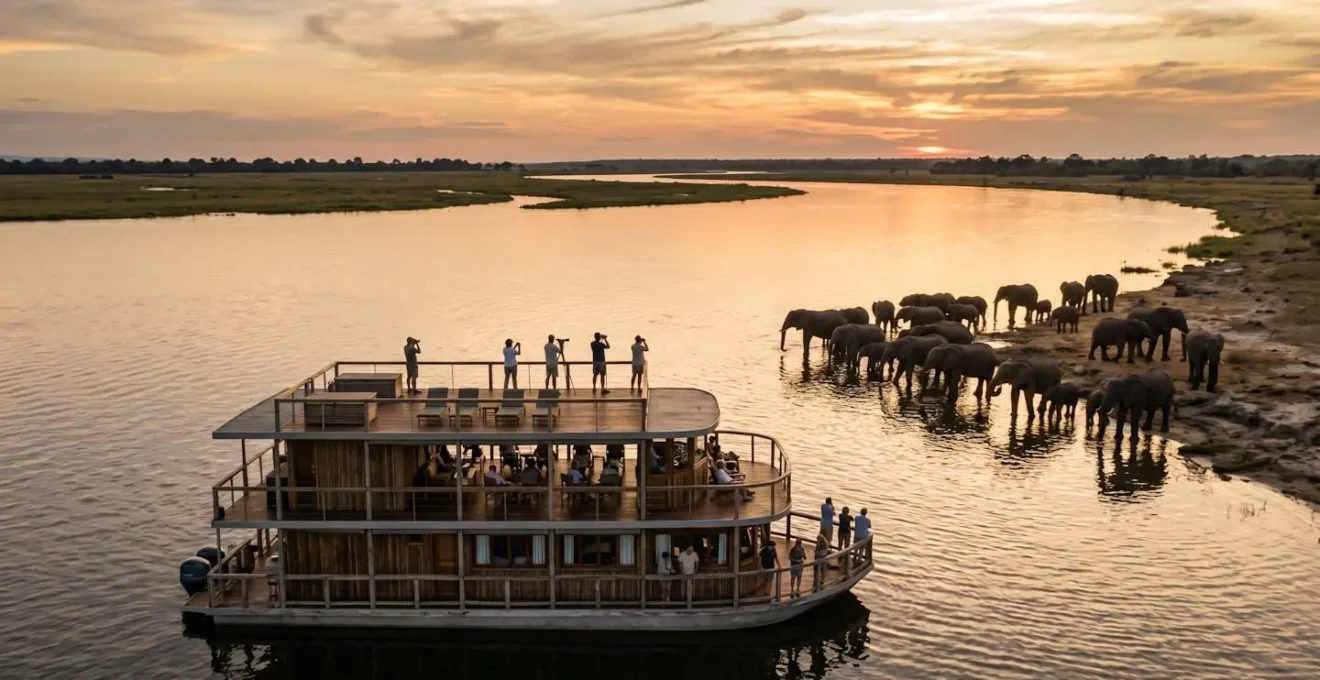 Wide environmental shot of multi-level riverboat with guests on different decks observing elephants at riverbank during sunset