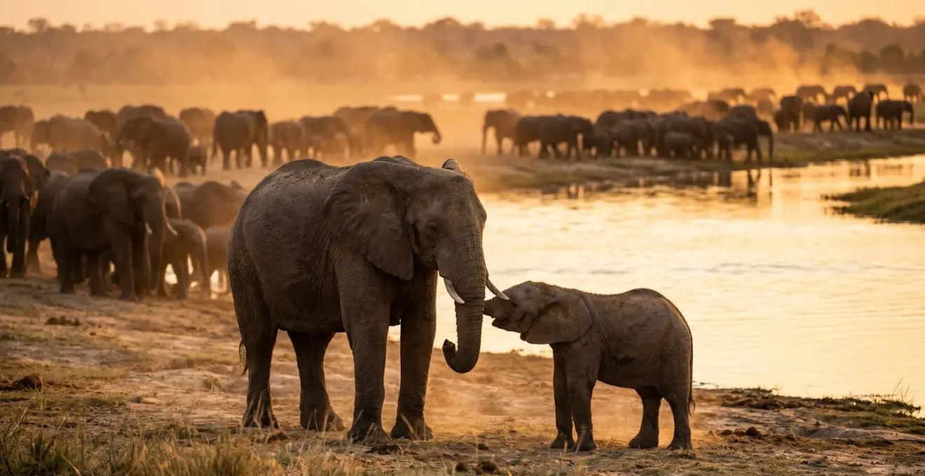 Massive elephant herd creating dust clouds along Chobe riverbank at sunset