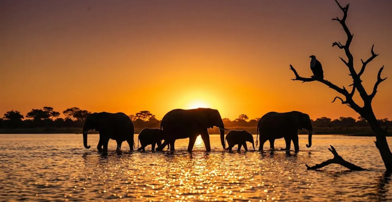 Elephant herd silhouetted against sunset reflections on Chobe River