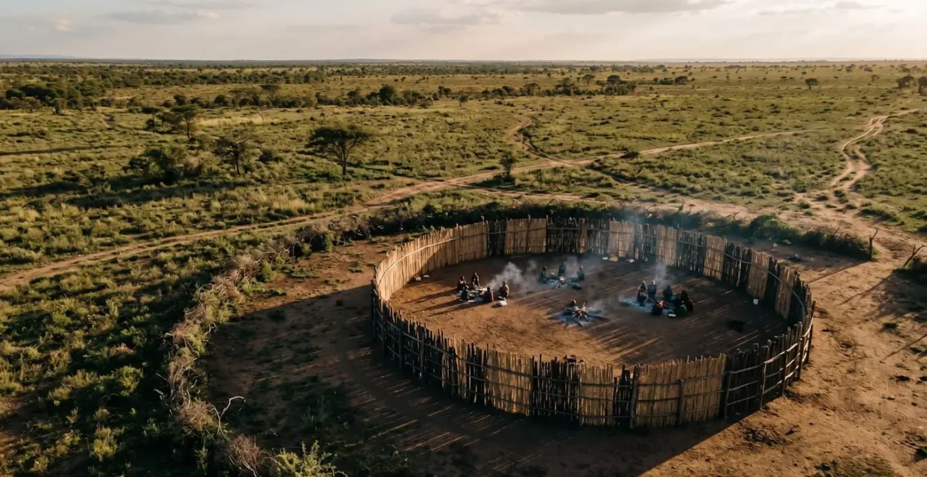 Aerial view of traditional circular boma enclosure made of reeds and logs