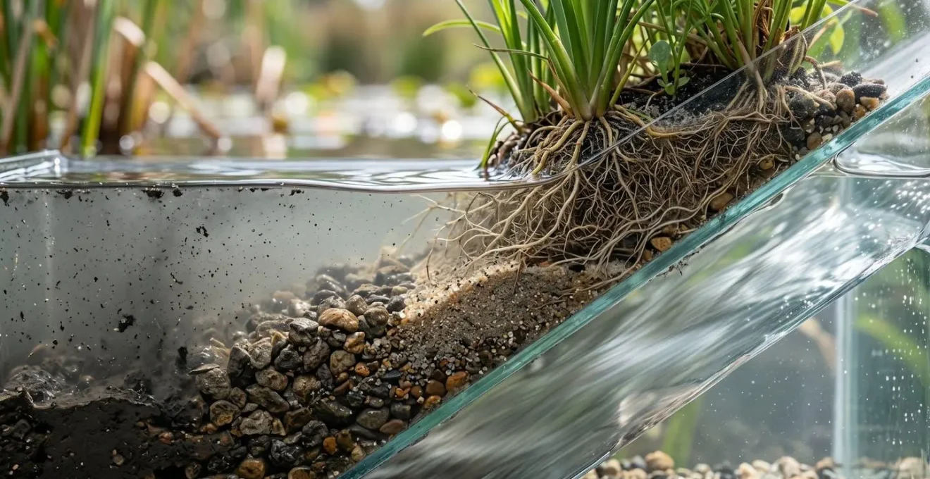Cross-section view of a constructed wetland showing layers of gravel, sand, and native plants filtering water naturally