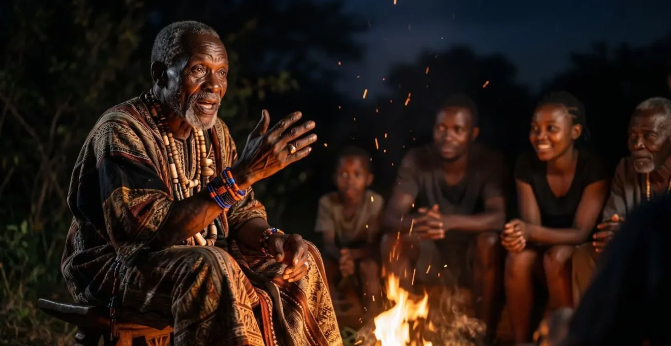 An elderly African storyteller gesturing animatedly by the warm firelight, with a group of engaged listeners in a traditional boma setting.