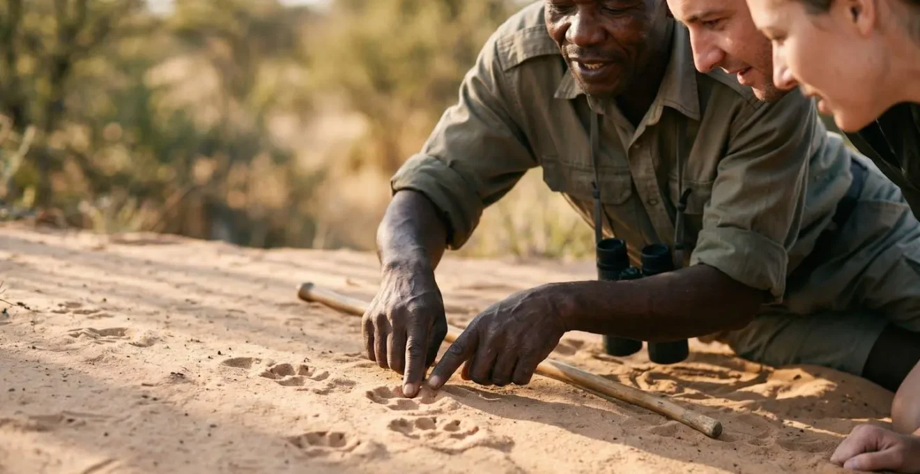 Safari guide examining fresh leopard tracks in sandy terrain while guests observe intently