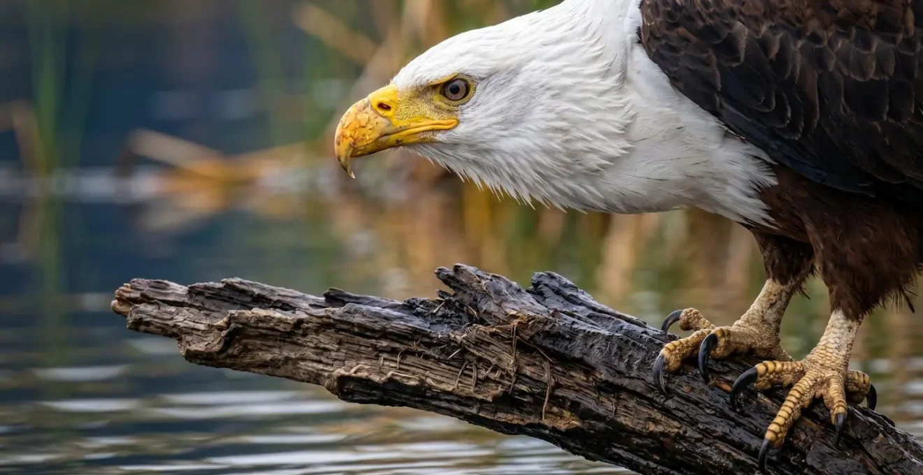 Close-up of African fish eagle perched on dead tree branch photographed from water level with blurred background