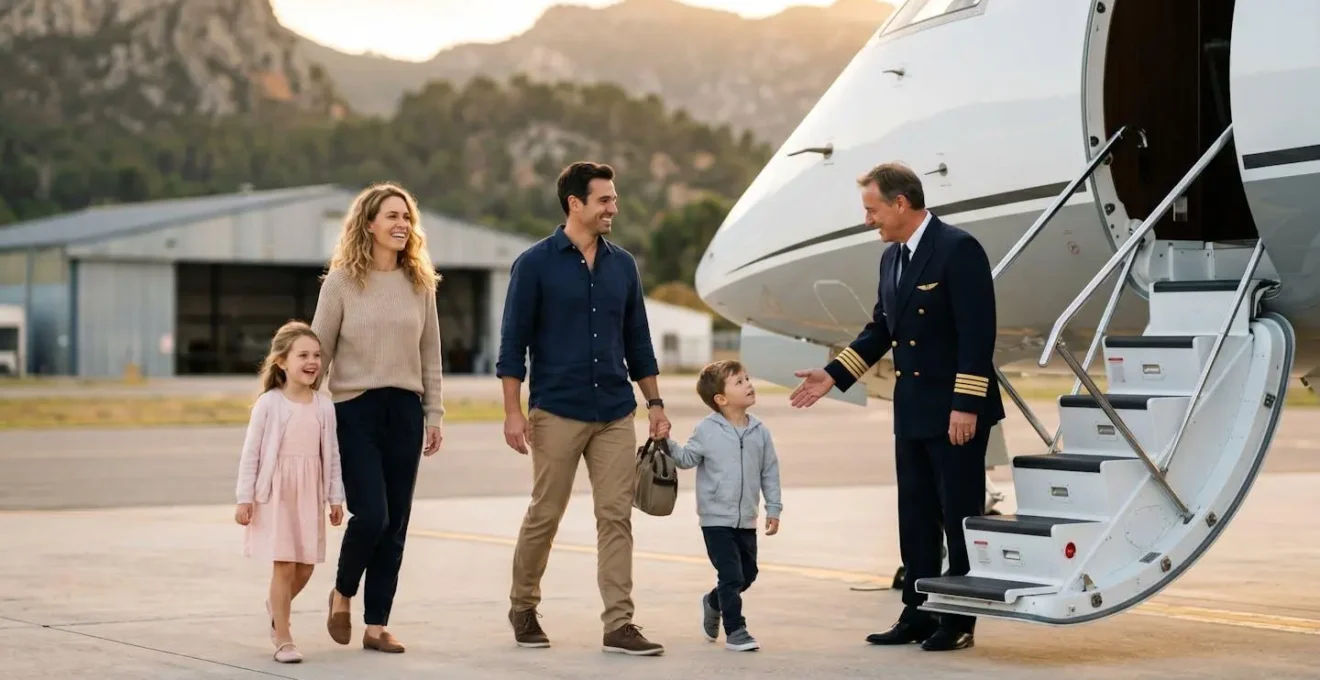 Family with young children calmly boarding private jet directly from car on tarmac