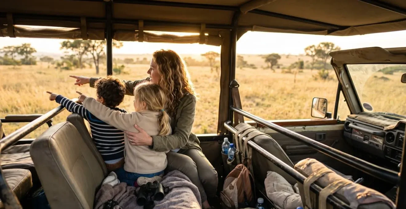 Family with young children enjoying a private safari vehicle experience in African wilderness