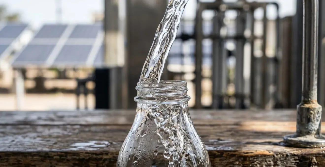 Glass water bottles being filled at a solar-powered bottling station in an eco-lodge