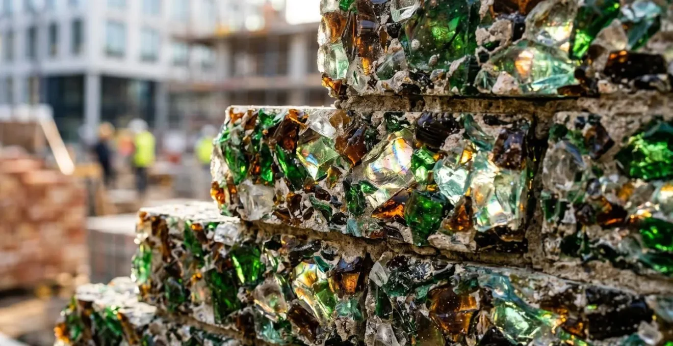 Macro view of recycled glass bricks showing crystalline texture and color variations