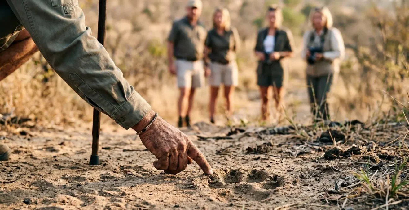 Safari guide examining animal tracks with guests during morning walking safari