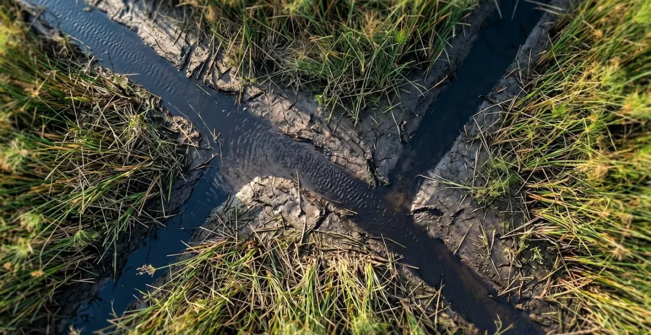 Aerial macro view of hippo-created channels in Okavango Delta