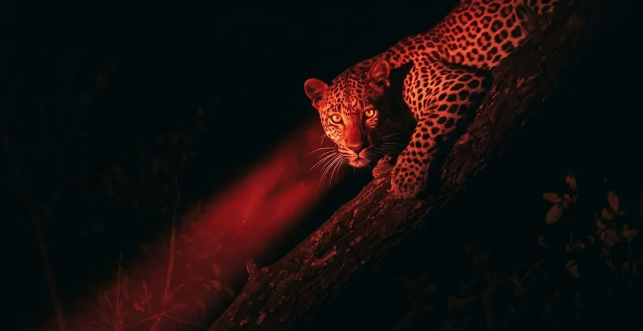 Leopard illuminated by red spotlight during night safari