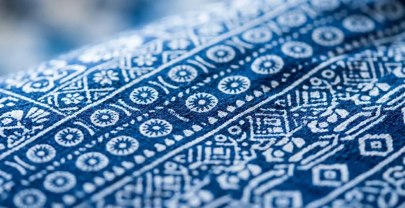 Detailed macro shot of traditional Leteisi fabric patterns showing intricate geometric designs in blue and white