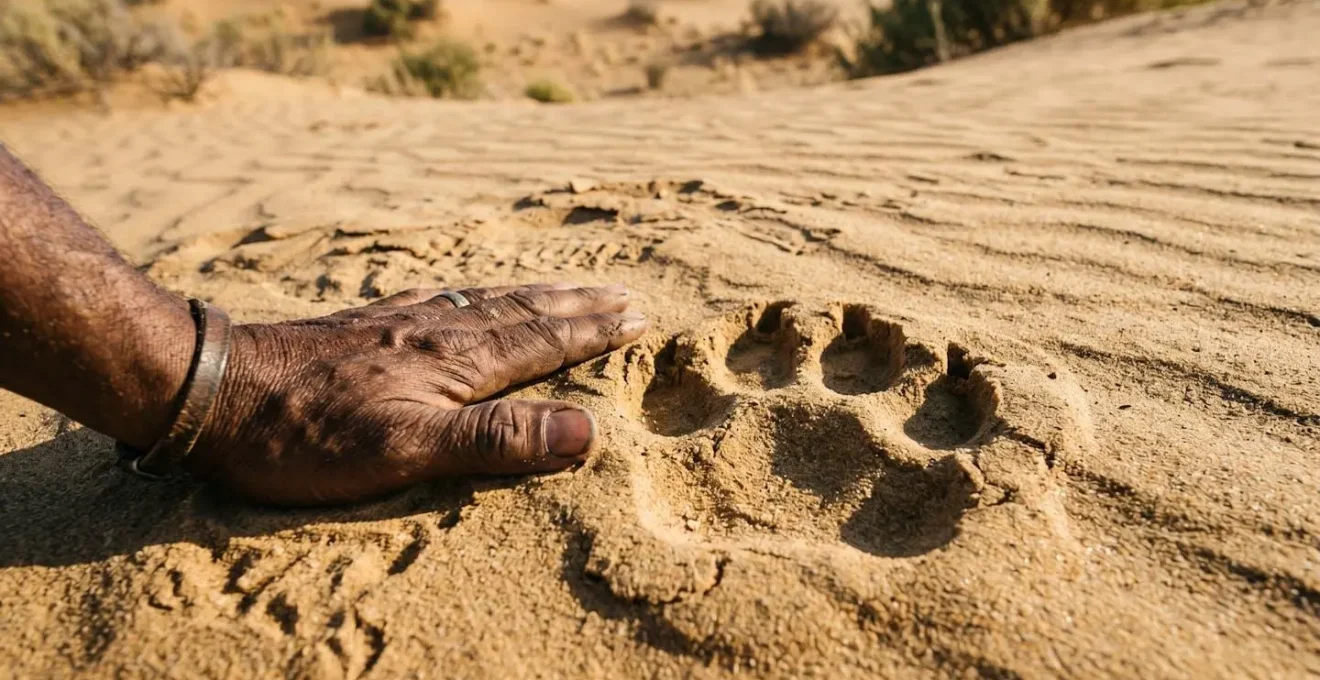 A safari guide's weathered hand placed carefully beside a fresh lion paw print in golden sand for scale.