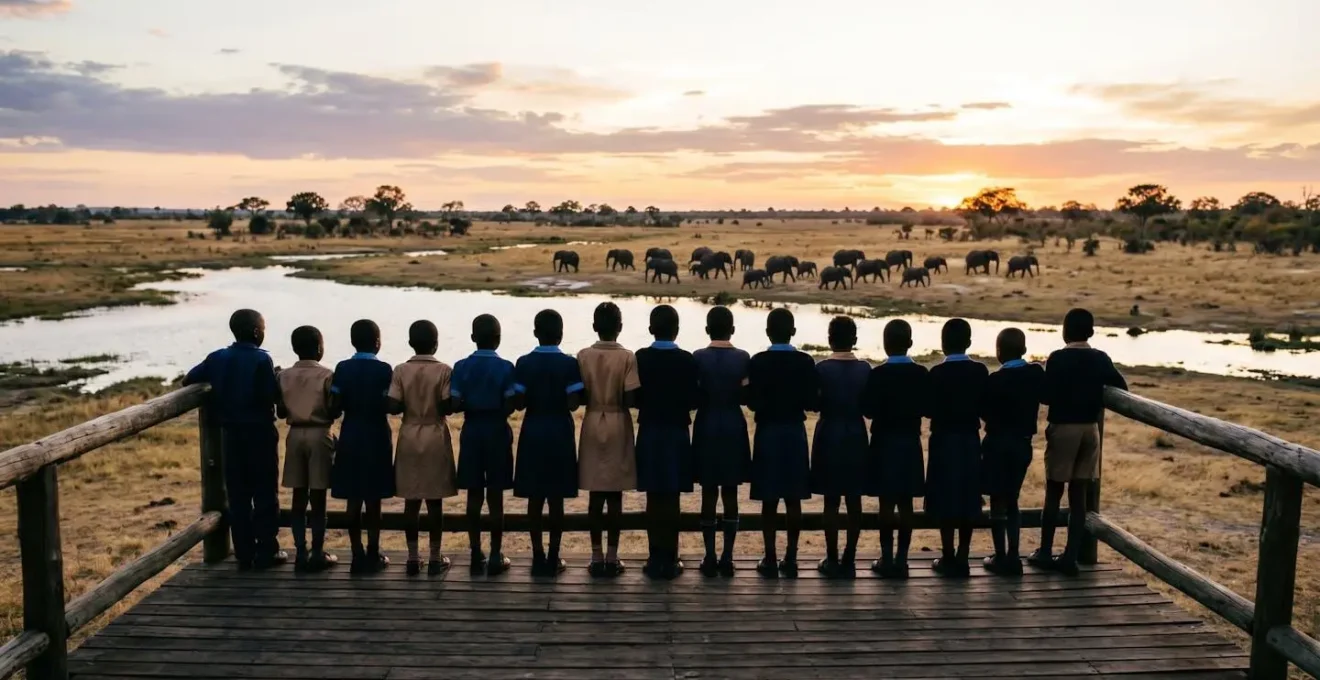 Local schoolchildren on an educational visit observing elephants from a safe viewing platform