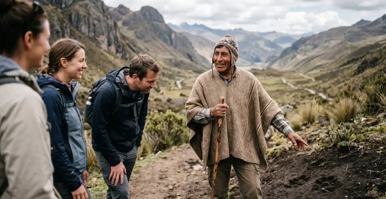 Local community member in traditional dress confidently leading tourists through natural landscape