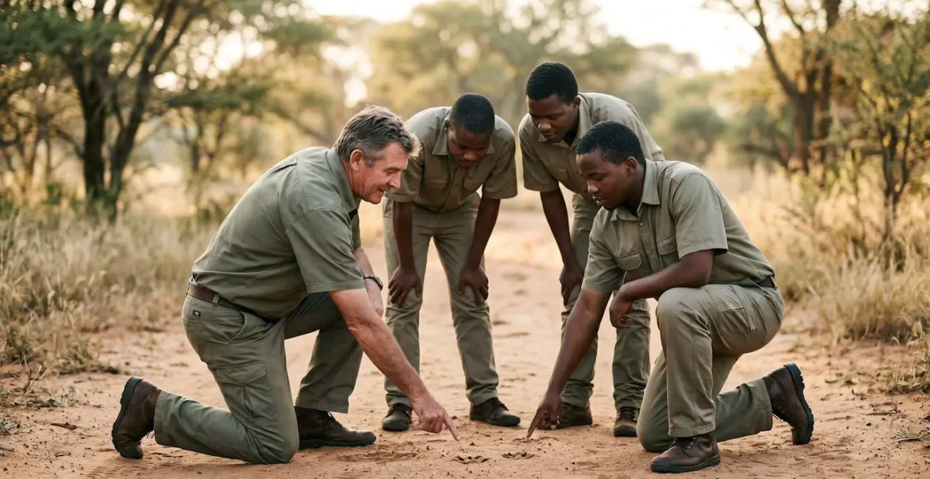 Safari guide teaching tracking skills to local community members in a training program