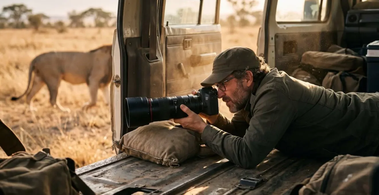 Photographer using beanbag technique from vehicle floor for low-angle lion portrait