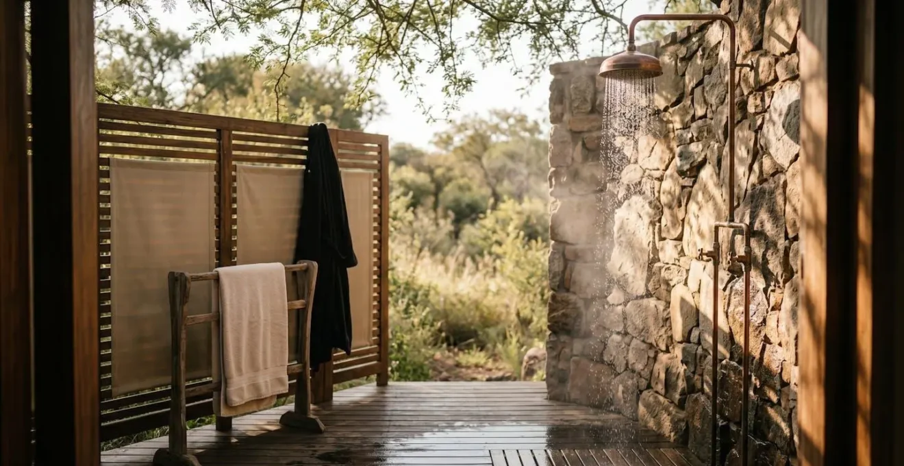 Outdoor shower area in luxury safari camp with natural stone and wood elements