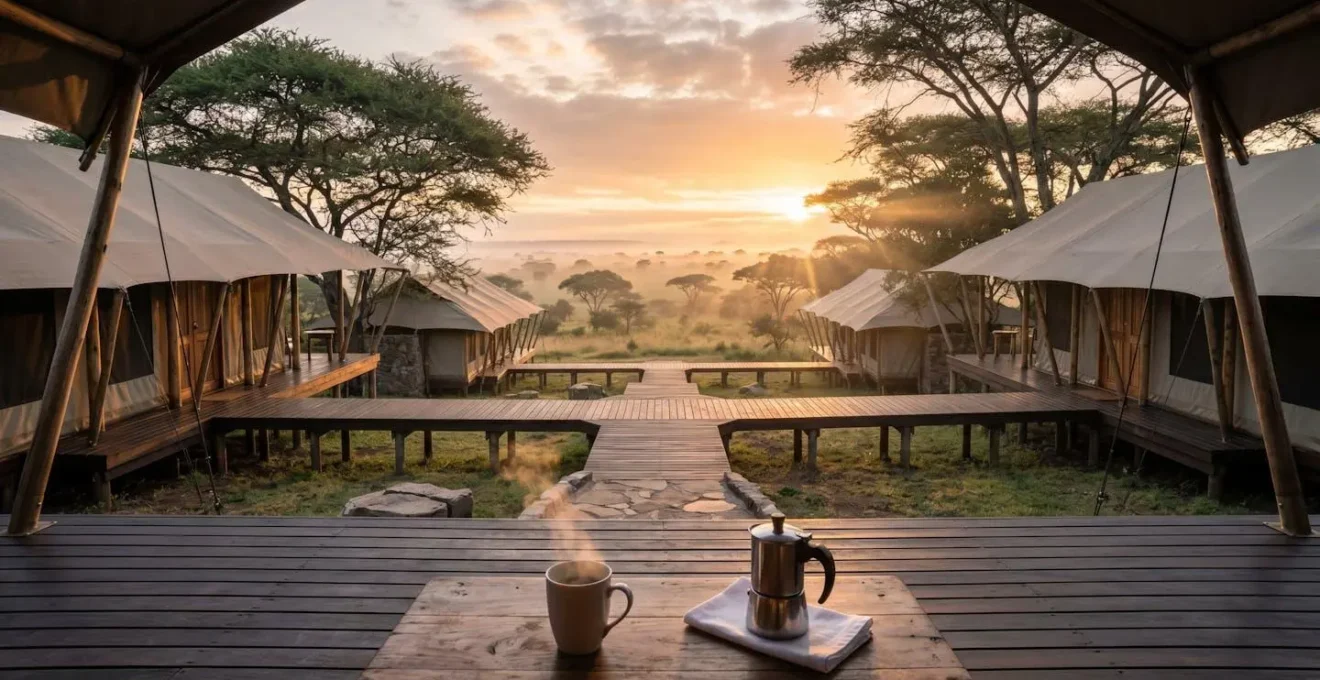 Premier safari camp at dawn with exclusive wilderness views and luxury tented accommodation