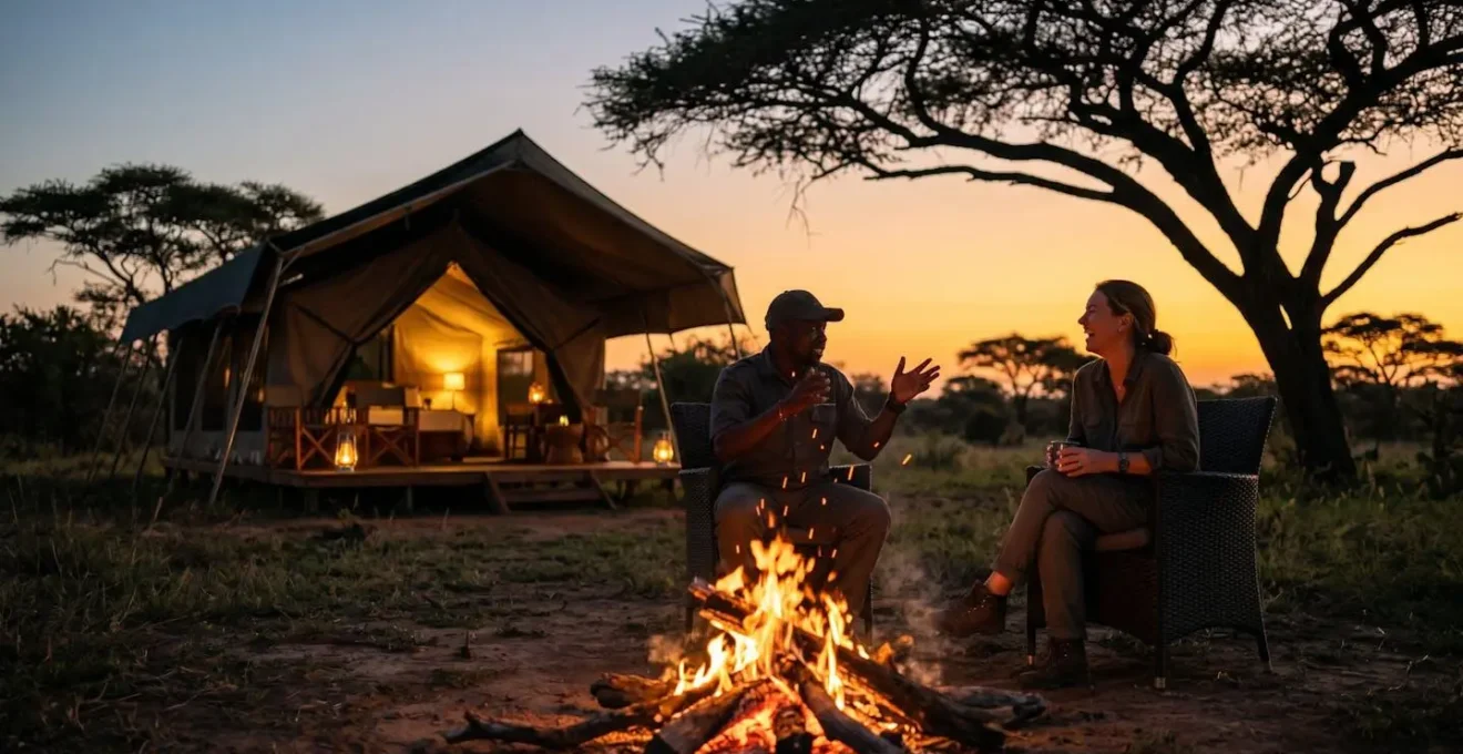 Exclusive safari camp at sunset in Okavango Delta