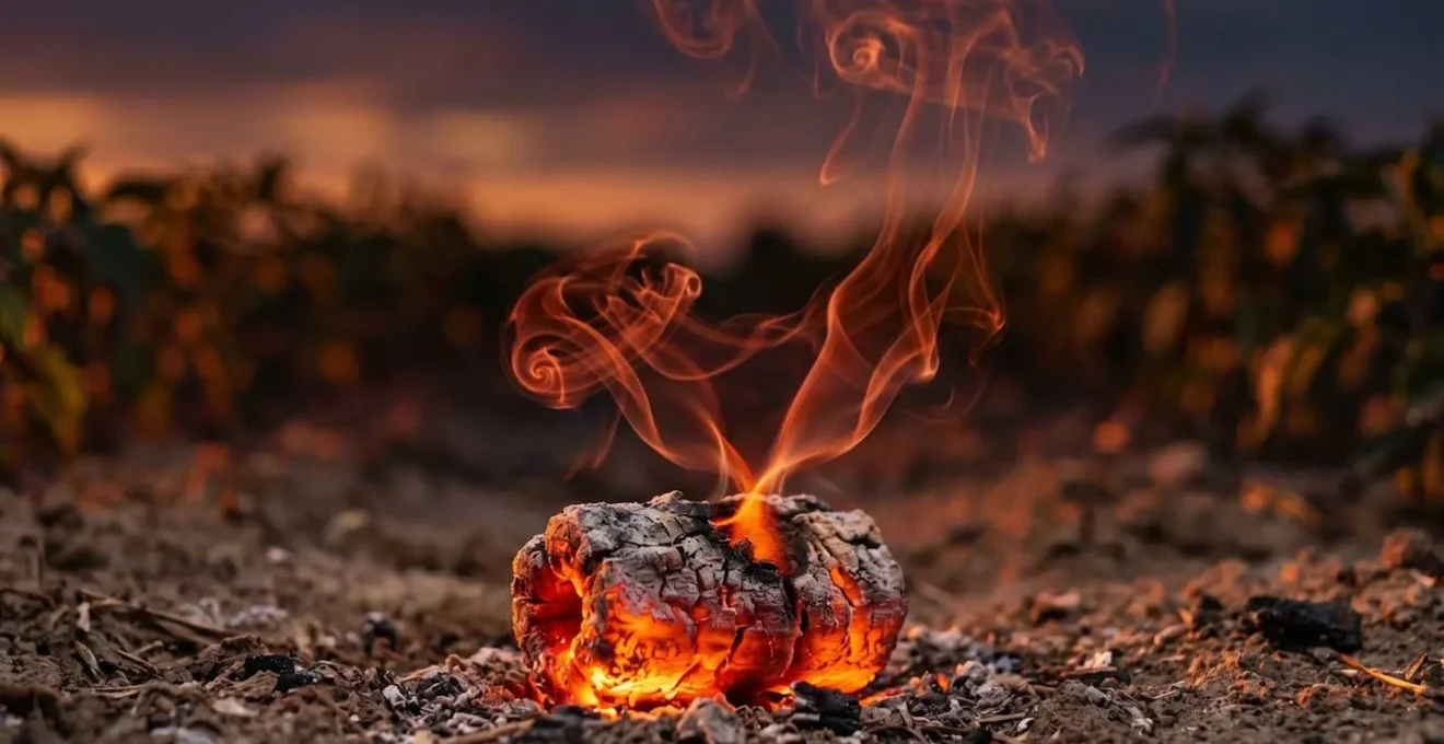 Extreme close-up of red chili pepper smoke rising from burning briquettes in agricultural field