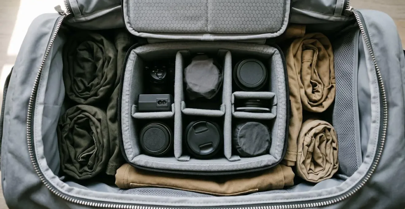 Close-up view of a protective camera cube system inside a soft-sided safari duffel bag