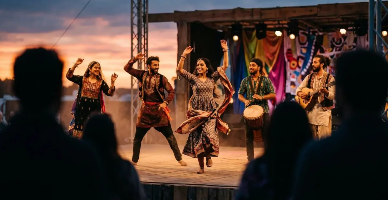 Outdoor theater performance at Maitisong Festival with audience under evening sky
