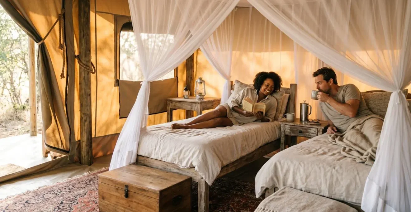 Interior view of spacious Meru-style safari tent with canvas walls and luxury furnishings