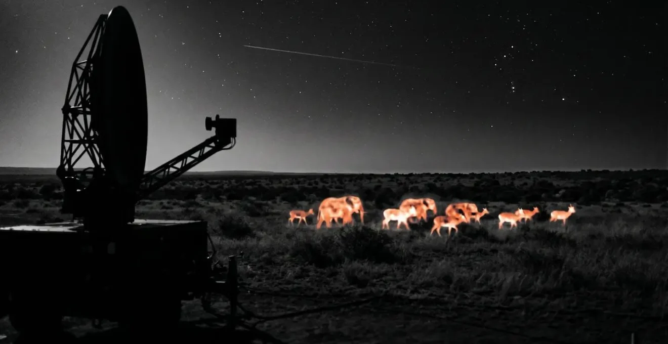 Thermal imaging equipment and radar array monitoring savanna airspace at night