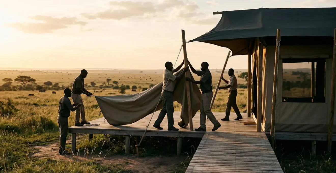 Temporary luxury tented camp being assembled in untouched African landscape