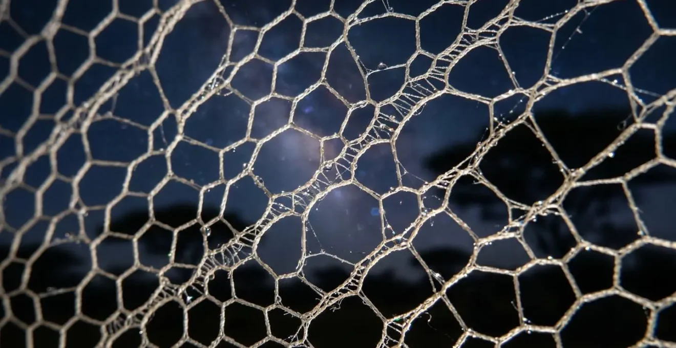 Close-up view of high-quality mosquito netting around a star bed with a starlit African night sky in the background