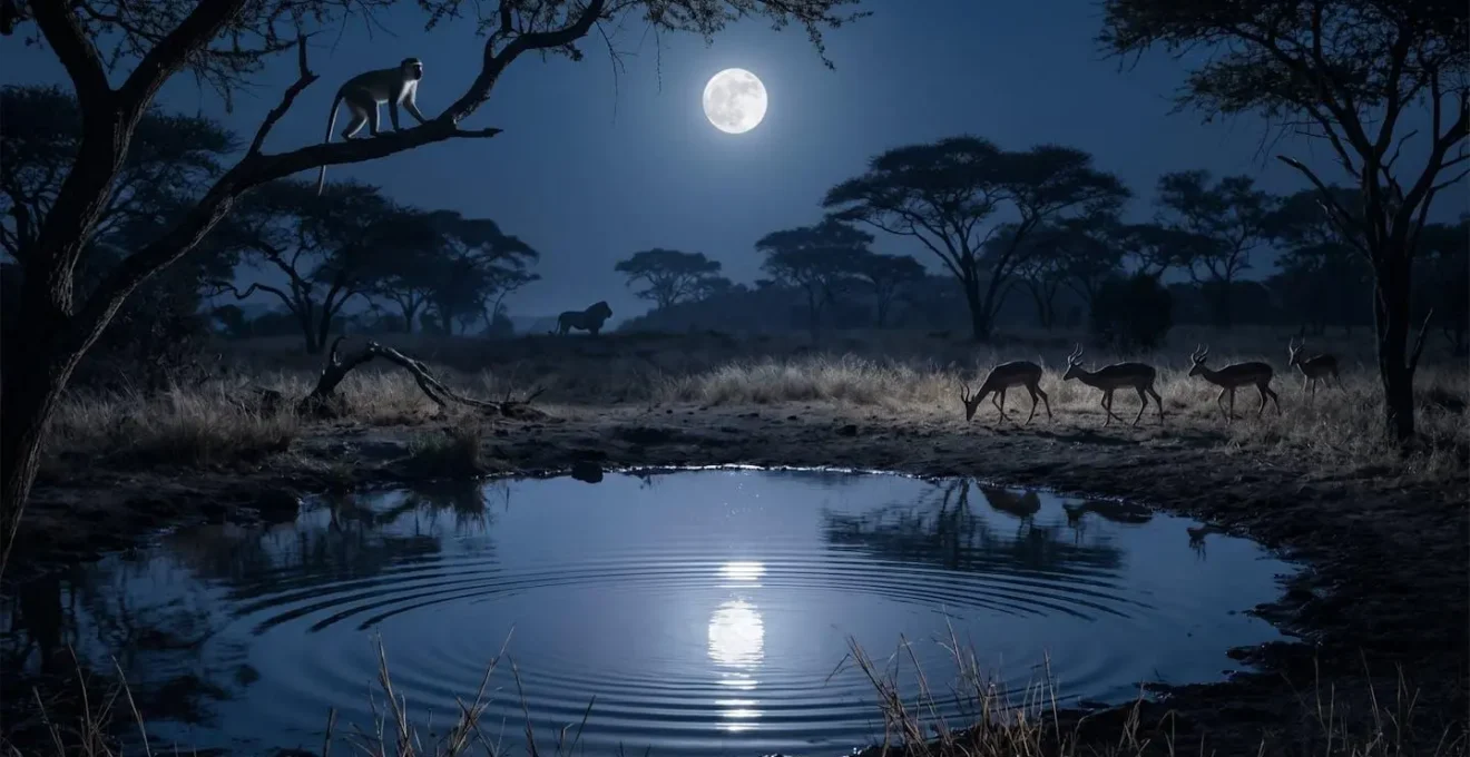 Moonlit African savanna with animal silhouettes and acacia trees under starry sky