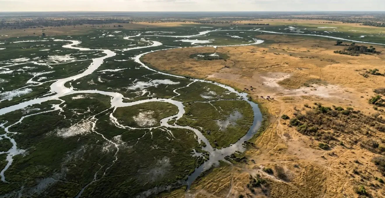 Aerial view of Okavango Delta during green season showing intricate water channels and lush vegetation
