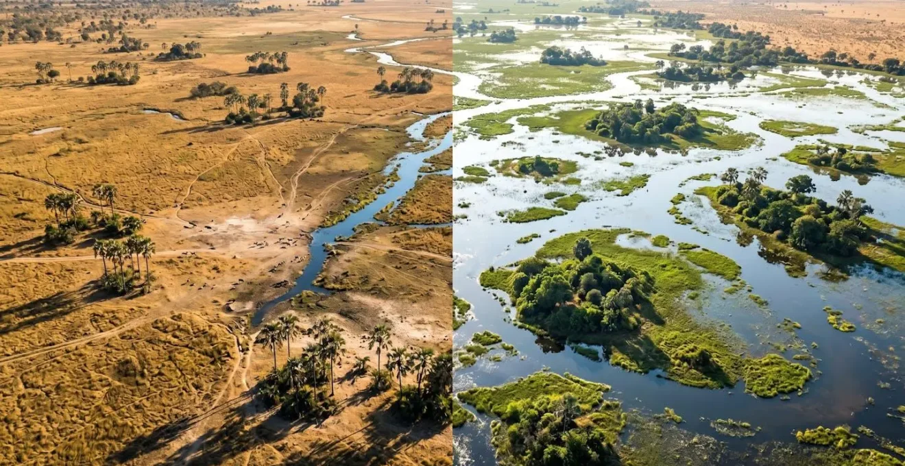 Wide aerial view showing seasonal floodplains and water patterns in delta landscape