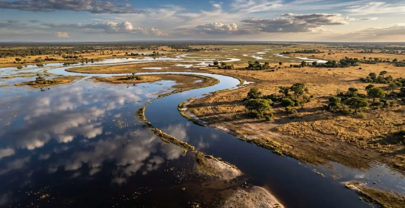 Aerial view showing the flood progression across the Okavango Delta