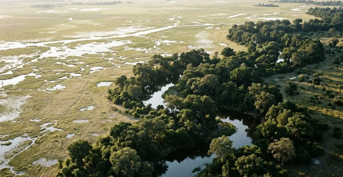 Aerial view showing distinct habitat zones in Okavango Delta