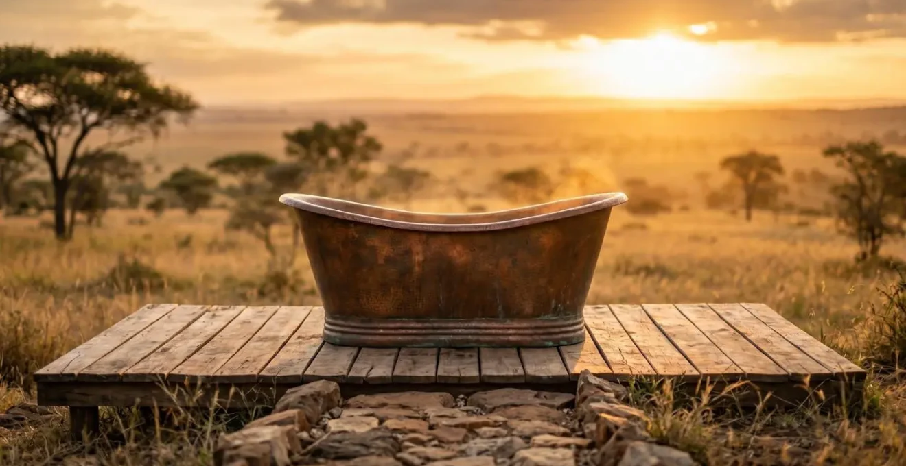 Hand-hammered copper bathtub on wooden deck overlooking African savanna at sunset