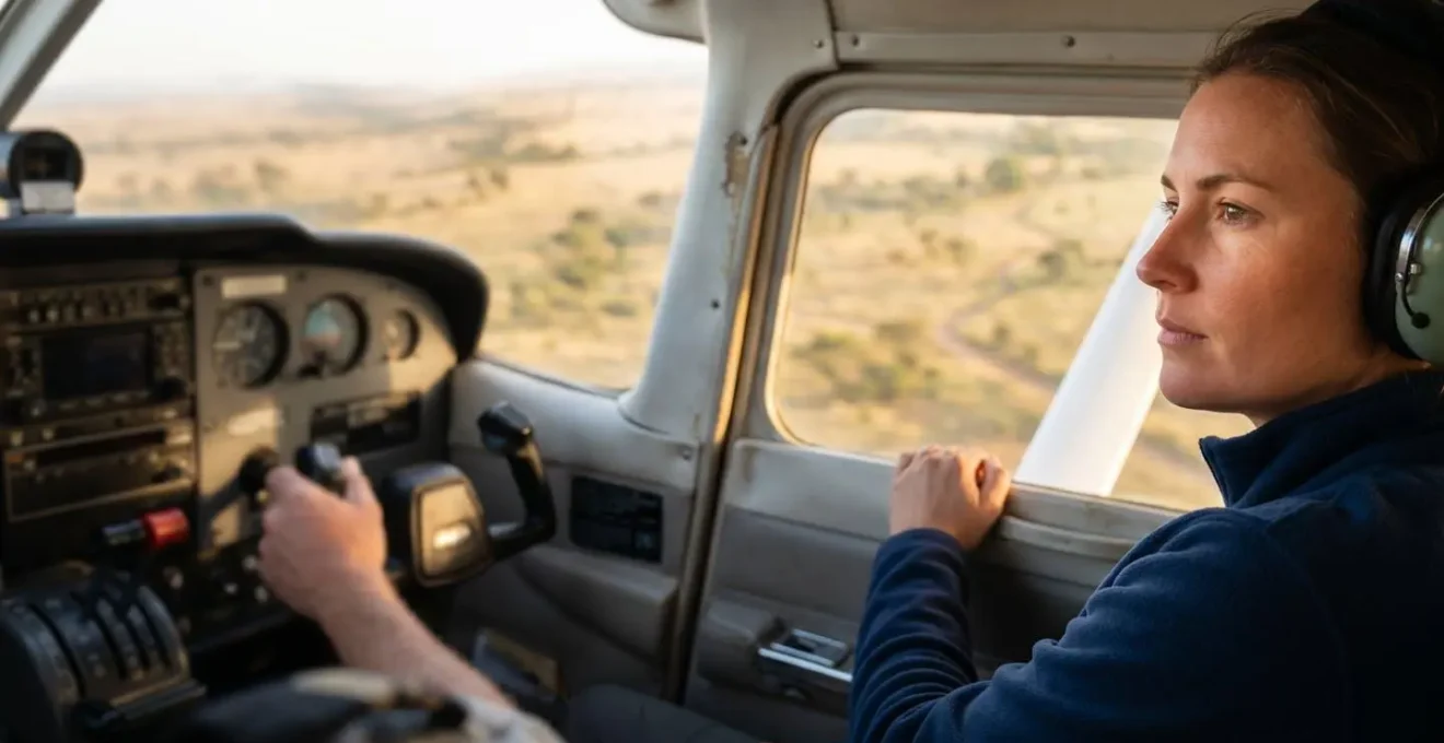 Passenger seated next to the pilot in a Cessna, viewing the horizon through the aircraft's front window to prevent motion sickness.