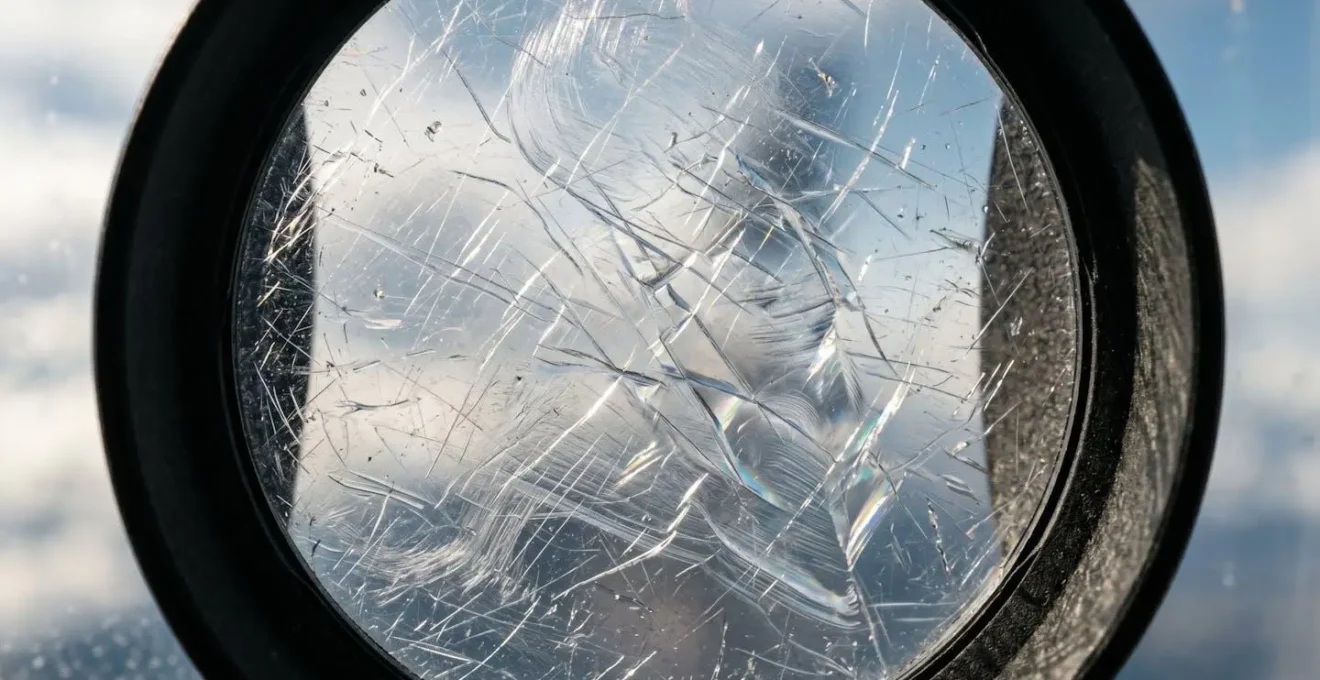 Close-up of camera lens pressed against airplane window showing scratched texture