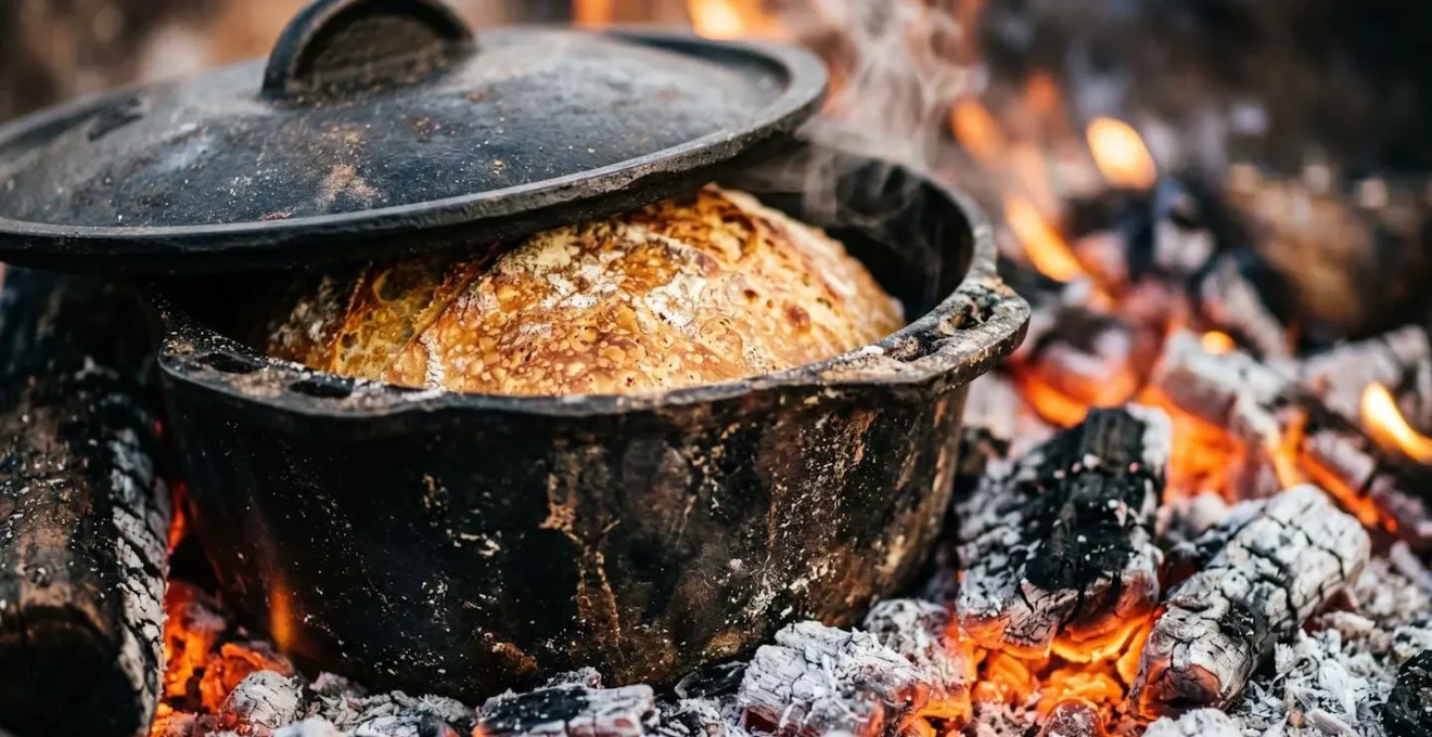 Cast iron pot buried in hot coals showing traditional bread baking technique