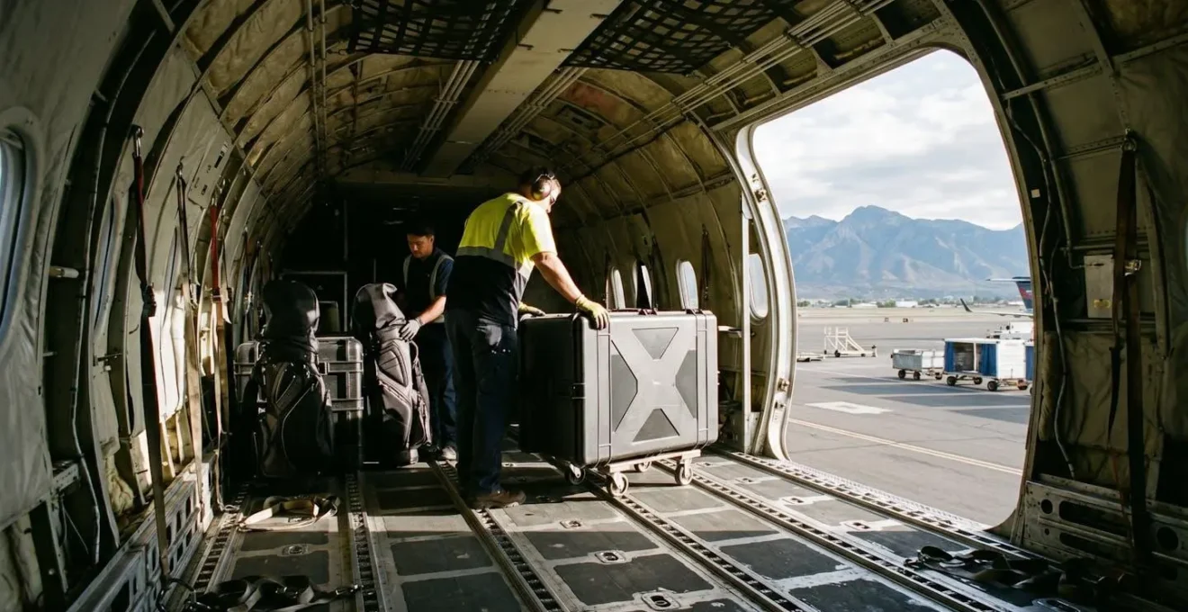 Interior view of private jet cargo area showing professional camera cases and sports equipment being loaded