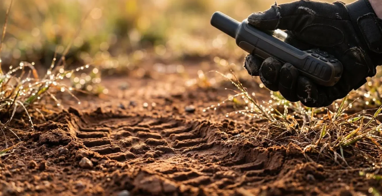 Safari ranger crouched examining footprints in morning light with tracking equipment