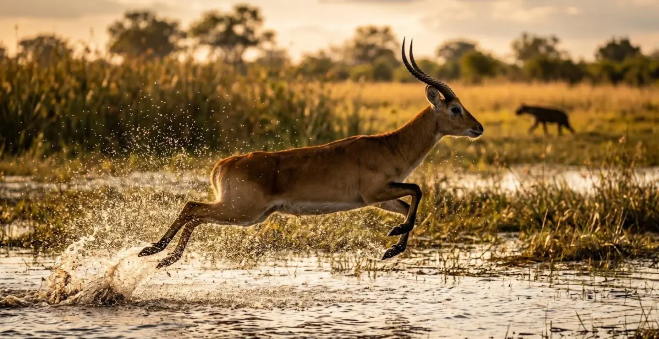 Red lechwe antelope leaping through shallow floodwater with splashes