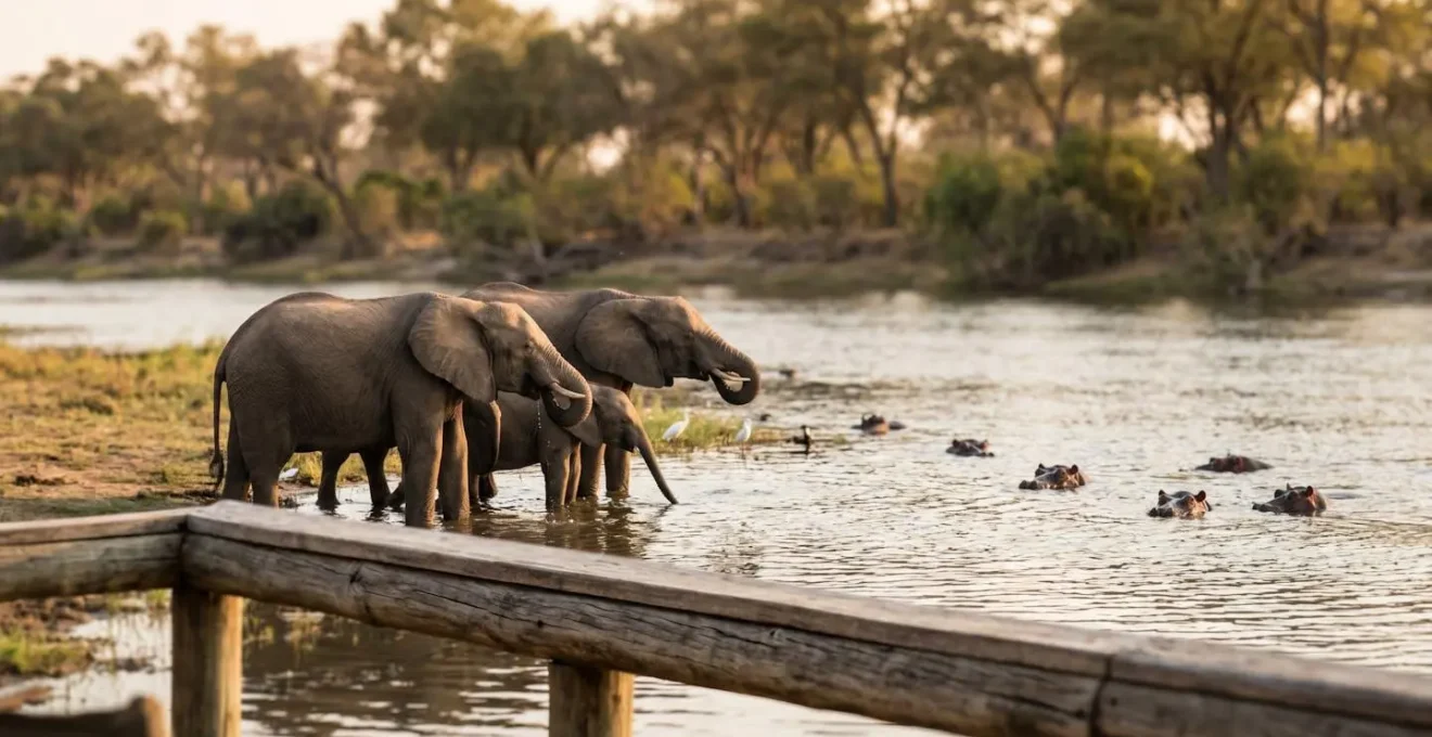 Wildlife gathering at riverfront during golden hour viewed from deck