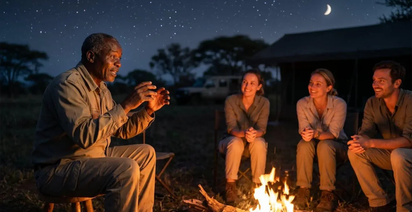Experienced safari guide passionately explaining animal calls to attentive guests around a warm campfire under the stars