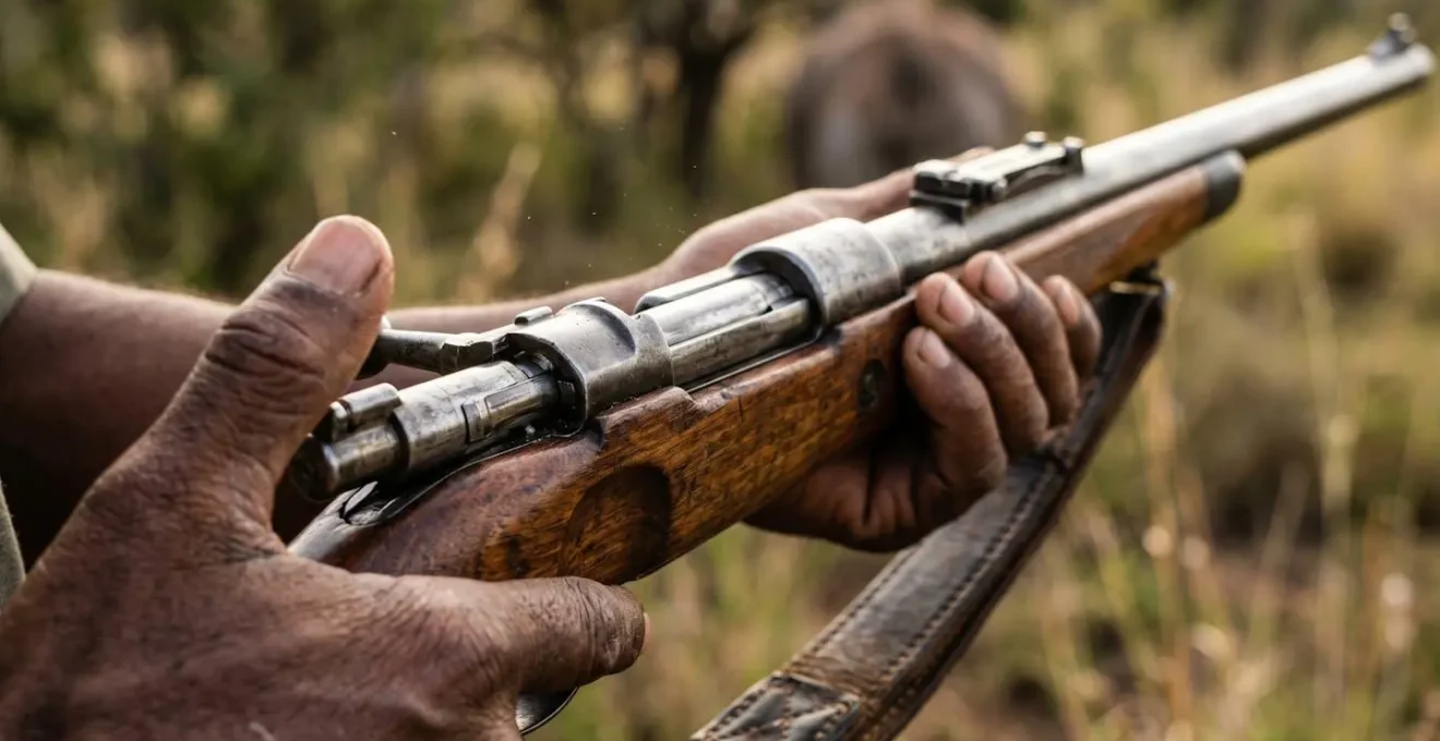 Close-up of safari guide's hands performing rifle safety check before bush walk