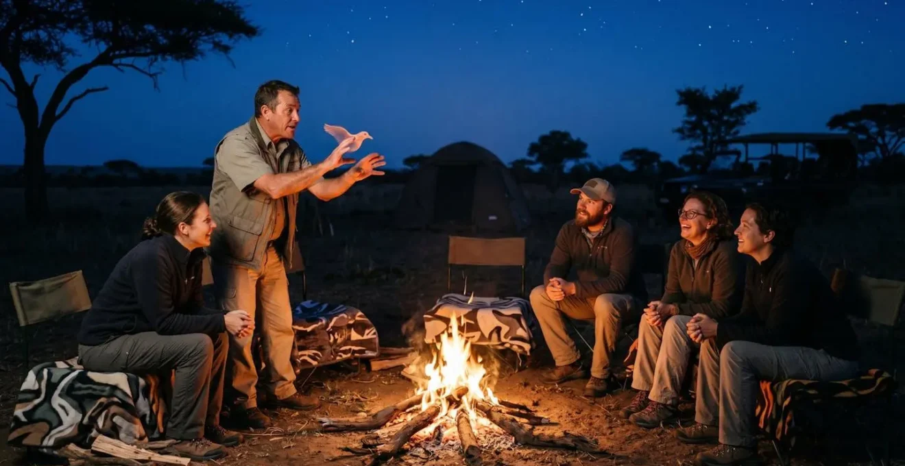 Safari guide gesturing expressively while sharing wildlife stories with engaged tourists around campfire