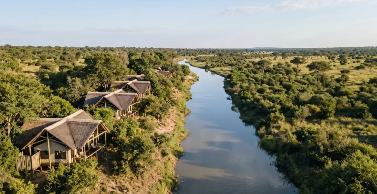 Aerial view of safari lodge showing strategic positioning for privacy