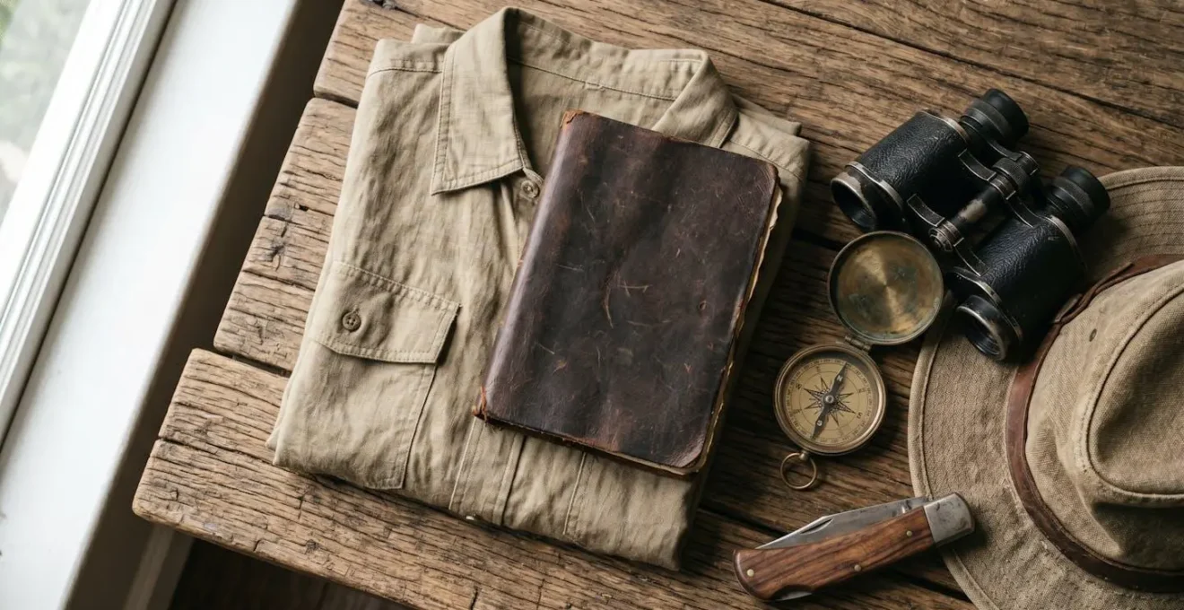 Carefully arranged safari essentials including neutral clothing and professional binoculars on wooden surface