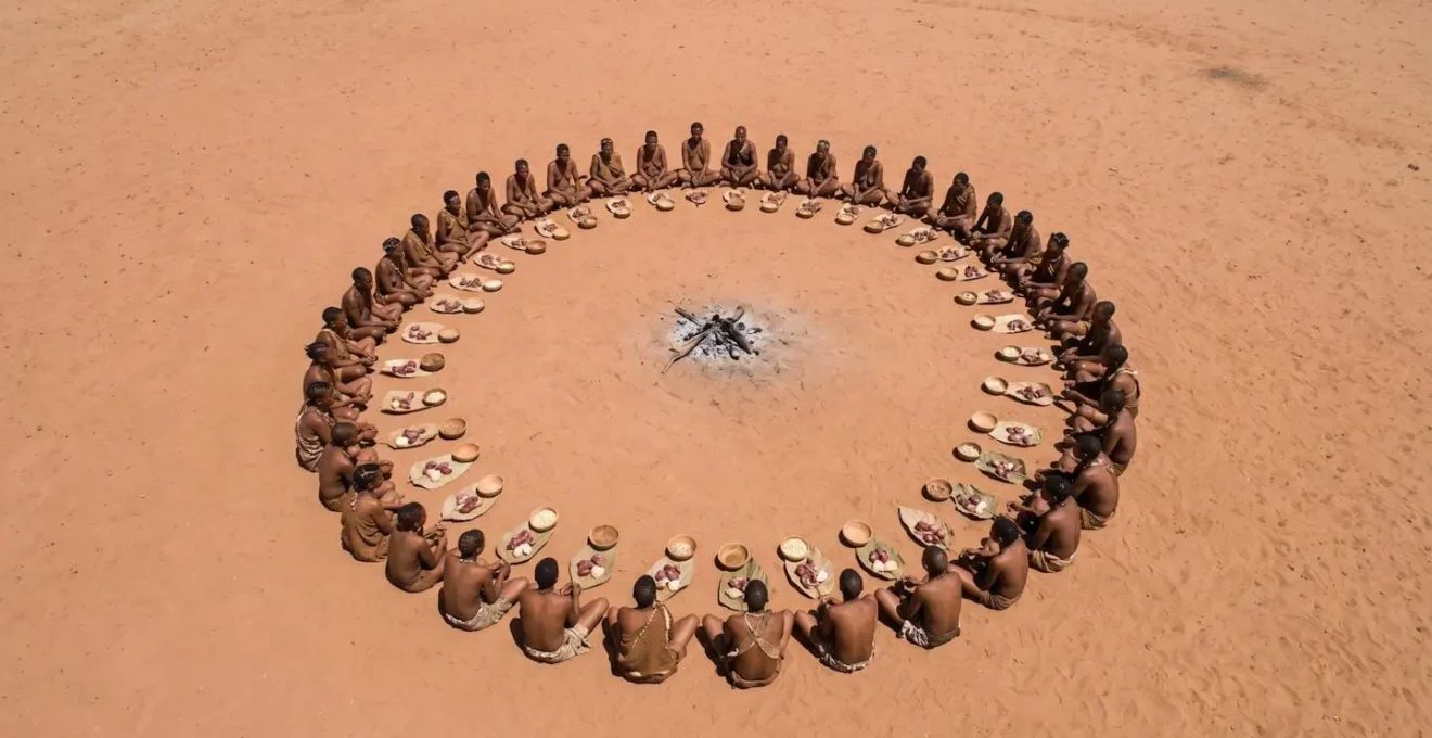 San community gathered in circle sharing meat equally
